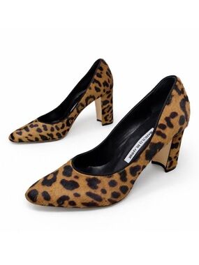 Manolo Blahnik Tucciototo Leopard Calf Hair Pumps Womens Size EU 37.5